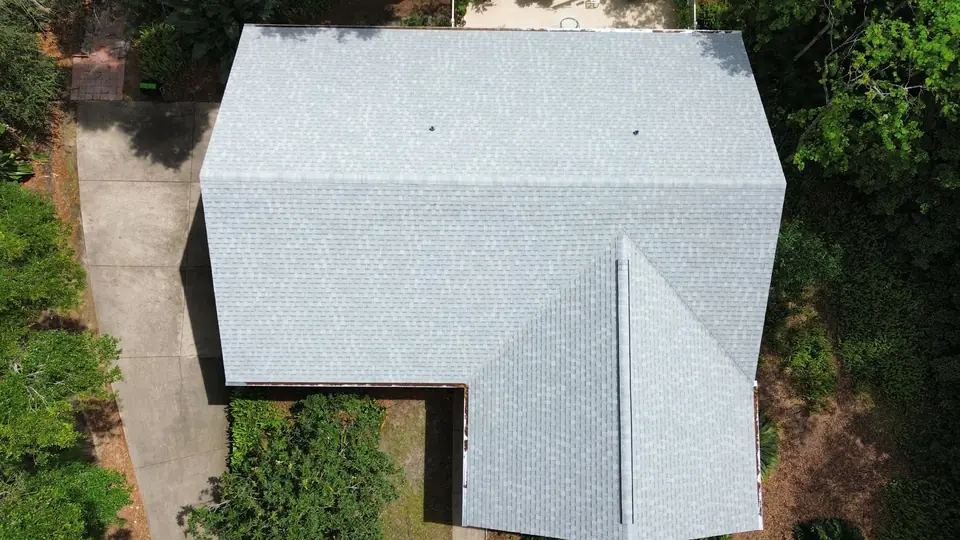 Finished light gray shingle roof seen from straight above